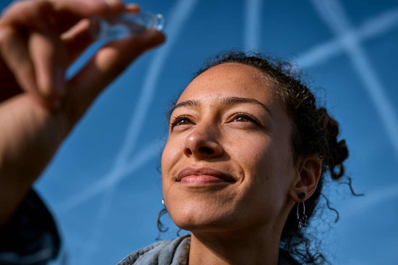 A young researcher holds a clear glass vial up to a blue, contrail-streaked sky, examining it.